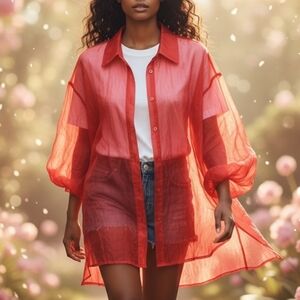 Whimsical Transparent Sheer Red Organza Long Sleeve Button Down Shirt Sz 36